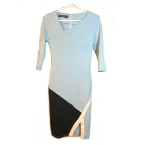 HOMEYEE Black, Blue & White Midi Fitted Dress with Front Slit Size S (4)